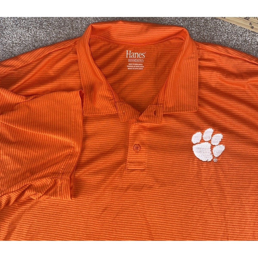 VTG Hanes Clemson Tigers Performance Polo Oranged Striped Mens XXL NCAA Preppy